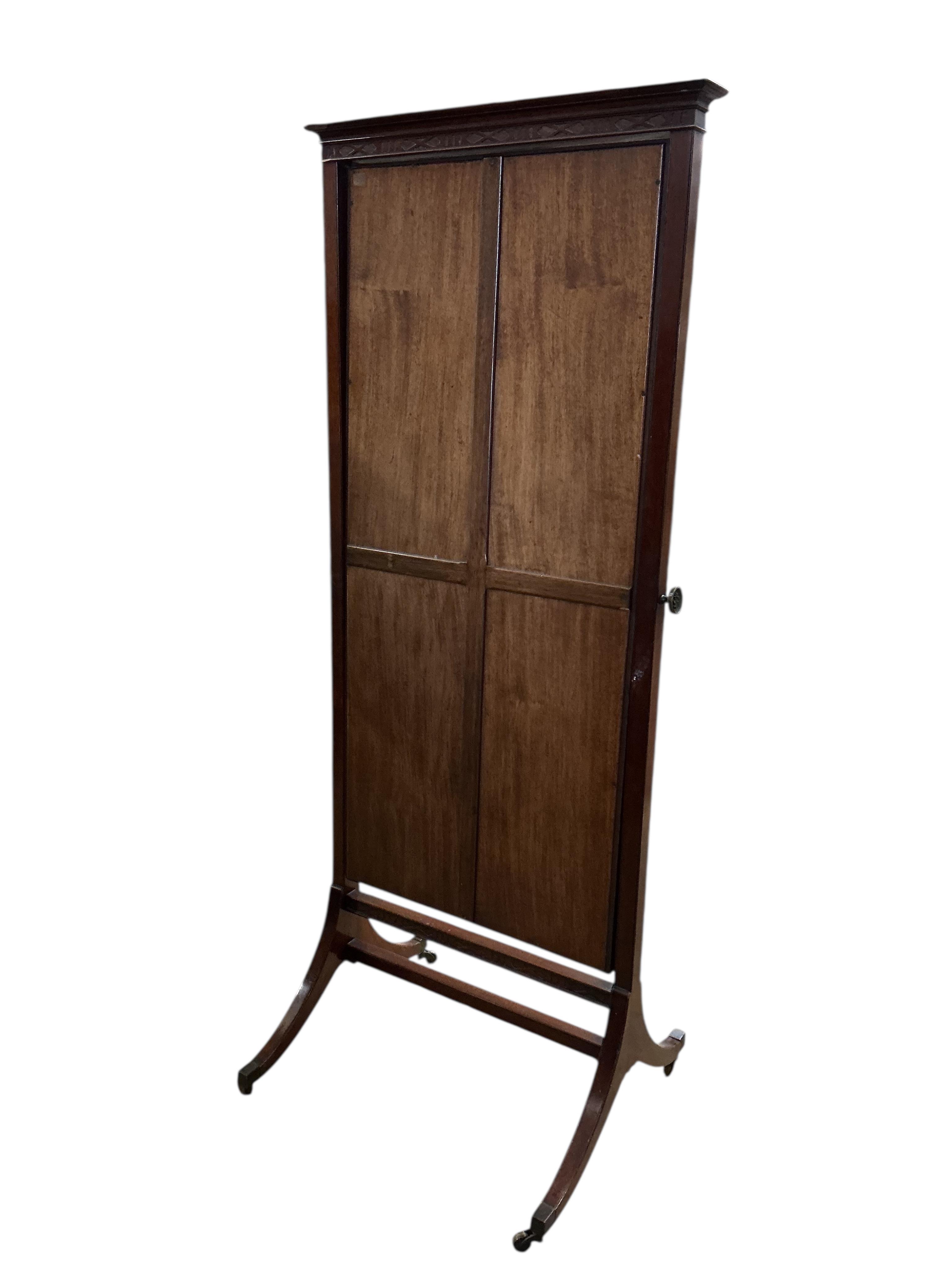 An Edwardian mahogany cheval mirror, width 70cm, height 168cm